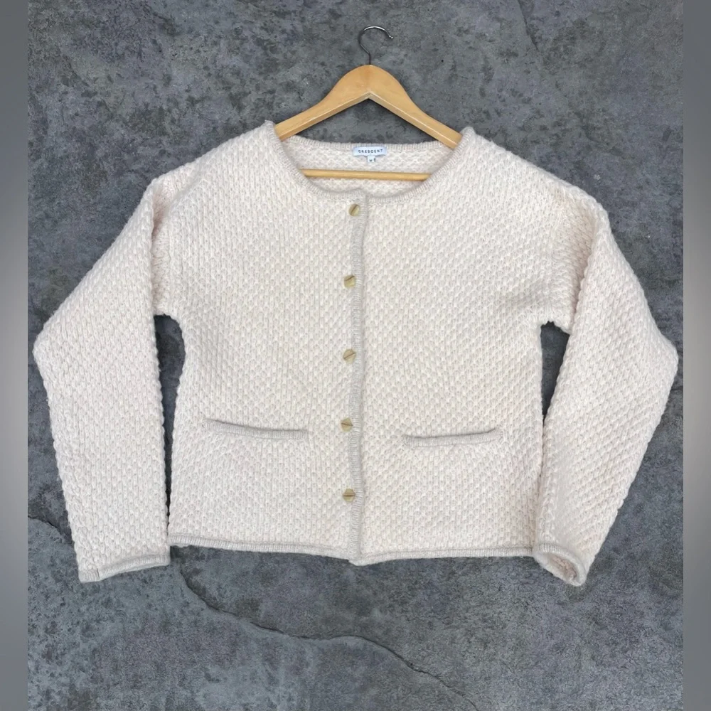 Crescent Cream Knit Cardigan Boucle Jacket in off-white button-front closure - Picture 5 of 9